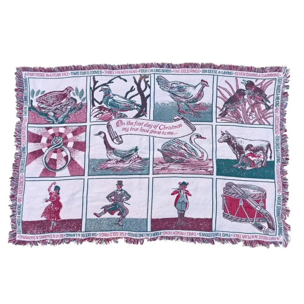 Vintage Twelve Days Of Christmas Woven Tapestry Fringe Throw Blanket
